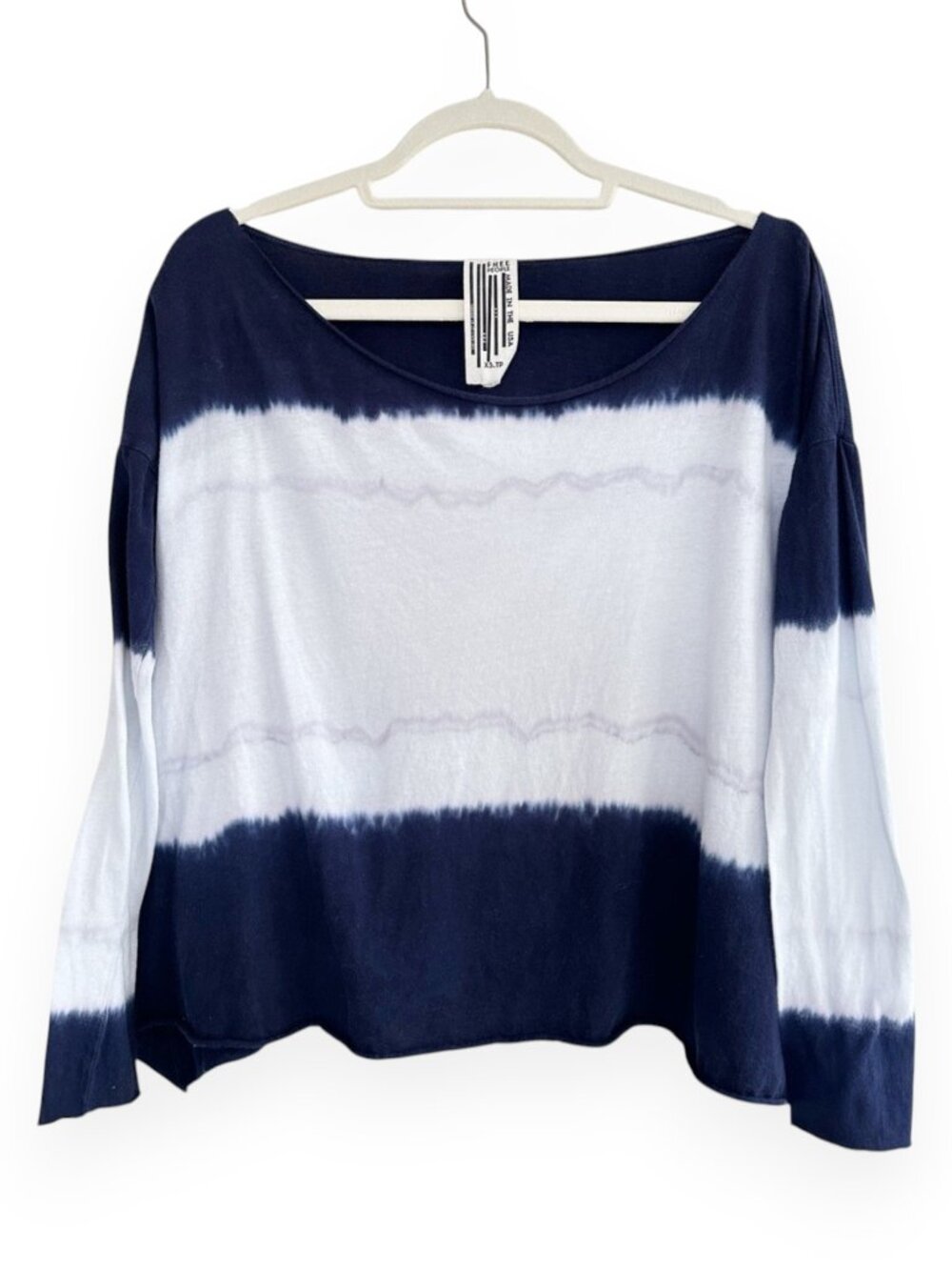 NWOT Free People Navy White Tie-Dye Relaxed Long Sleeve Flowy Cotton Top, XS